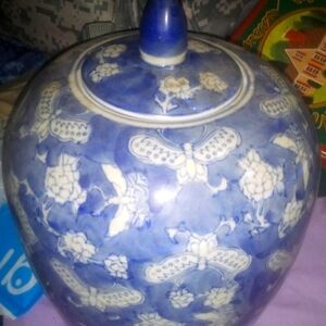 Beautiful Chinese vintage vase blue white with dragon flys and flowers porcelain